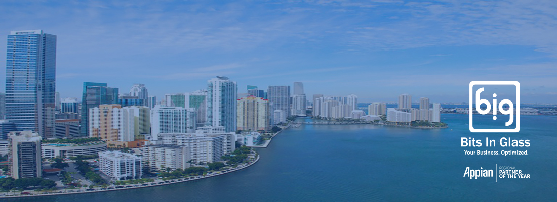 Miami skyline with Bits In Glass and Appian logos