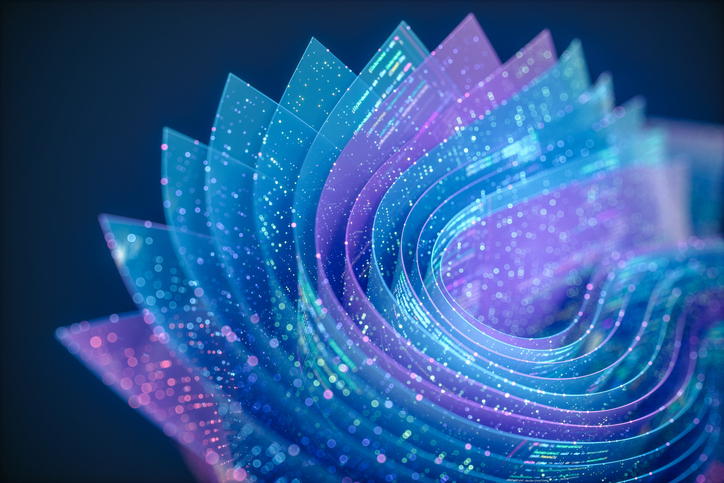 Layered transparent sheets curl into a spiral, filled with data particles and glowing lines of code. Embedded code patterns and glowing particles suggest a visual metaphor for agentic AI systems and evolving machine autonomy.