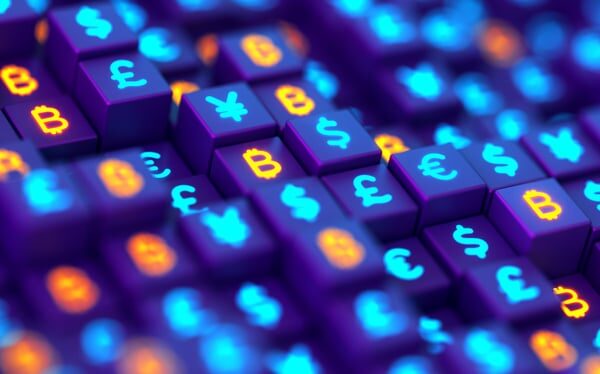 Futuristic currency background. Bitcoin, dollar, euro, pound and yen signs glowing in cubes shape background. Transformation from traditional money to digital cryptocurrency concept.