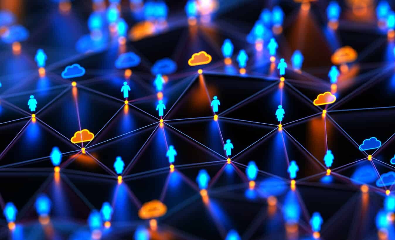 Futuristic digital network background. People and cloud computing with connections technology. Internet security and privacy concept. Big data and communications.