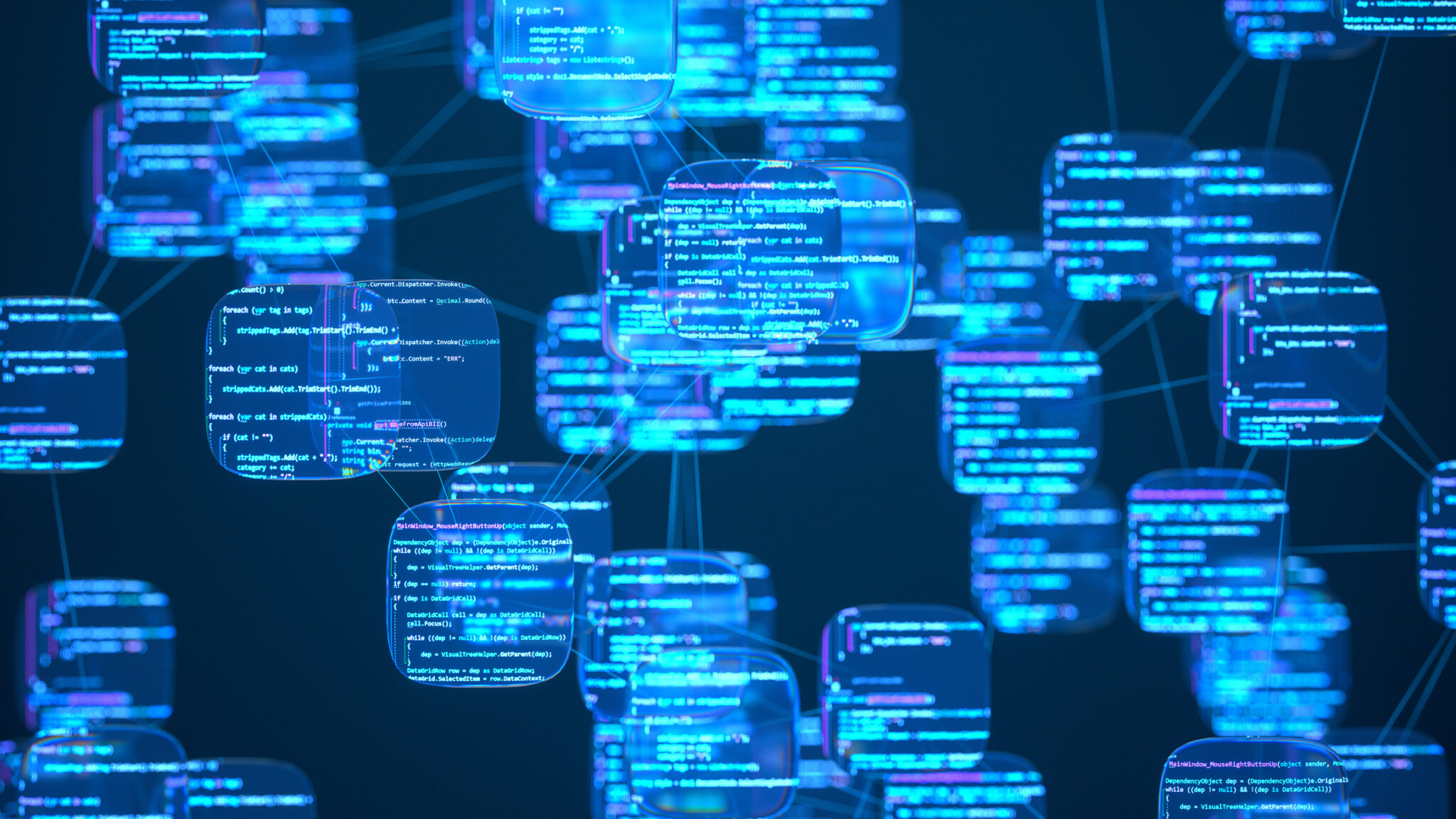A network of intelligent nodes representing autonomous AI agents processing and writing programming code. Illustrates concepts like AI-assisted development, machine learning models, and generative AI tools.